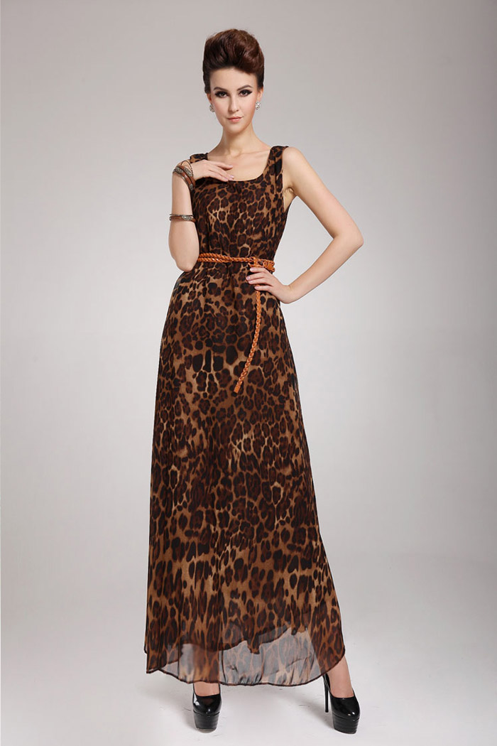 Leopard Print Scoop Neck Sleeveless Chiffon Retro Style Women's Maxi-Dress
