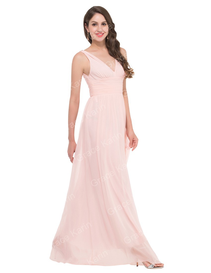 2015TwoStrapsDeepVneckChiffonCheapLongPinkBridesmaidDressesFloorLengthWeddingPromDressPartyGownWomenGK10-32435655785